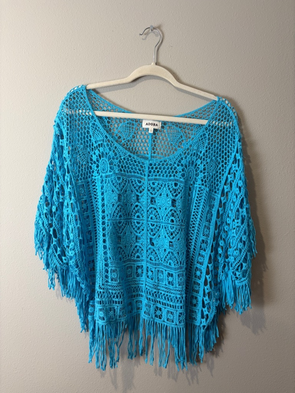 Adora Turquoise Crochet Fringe Short Sleeve Top OS